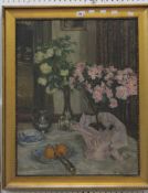 E. Pottner Dining room with flowers Oil on canvas Signed lower right 74 x 57 cm