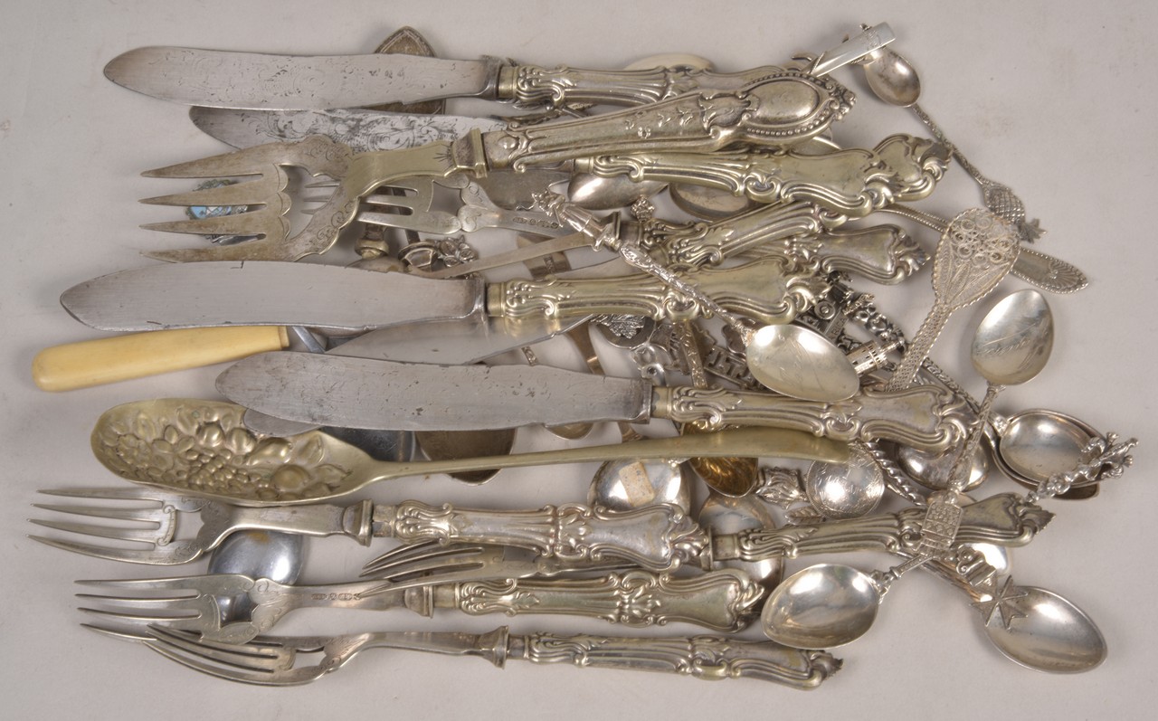 A collection of silver flatware, various maker`s and dates, to include fiddle and Old English