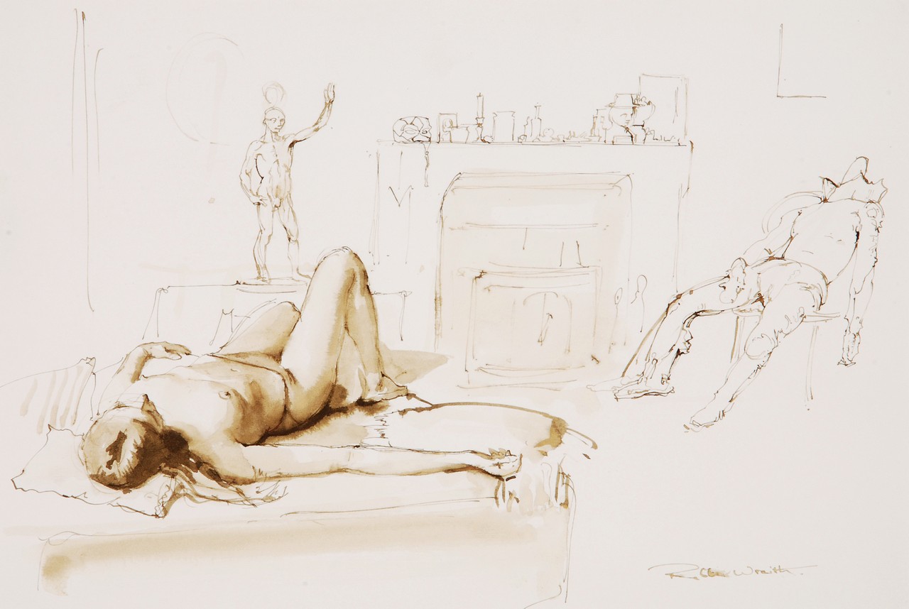 Robbie Wraith (b. 1952) Figure study Pen, ink and sepia wash Signed lower right 30 x 43.5 cm (11 3/