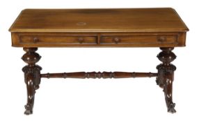 A Victorian walnut library table, circa 1880, the rectangular top with two frieze drawers, on