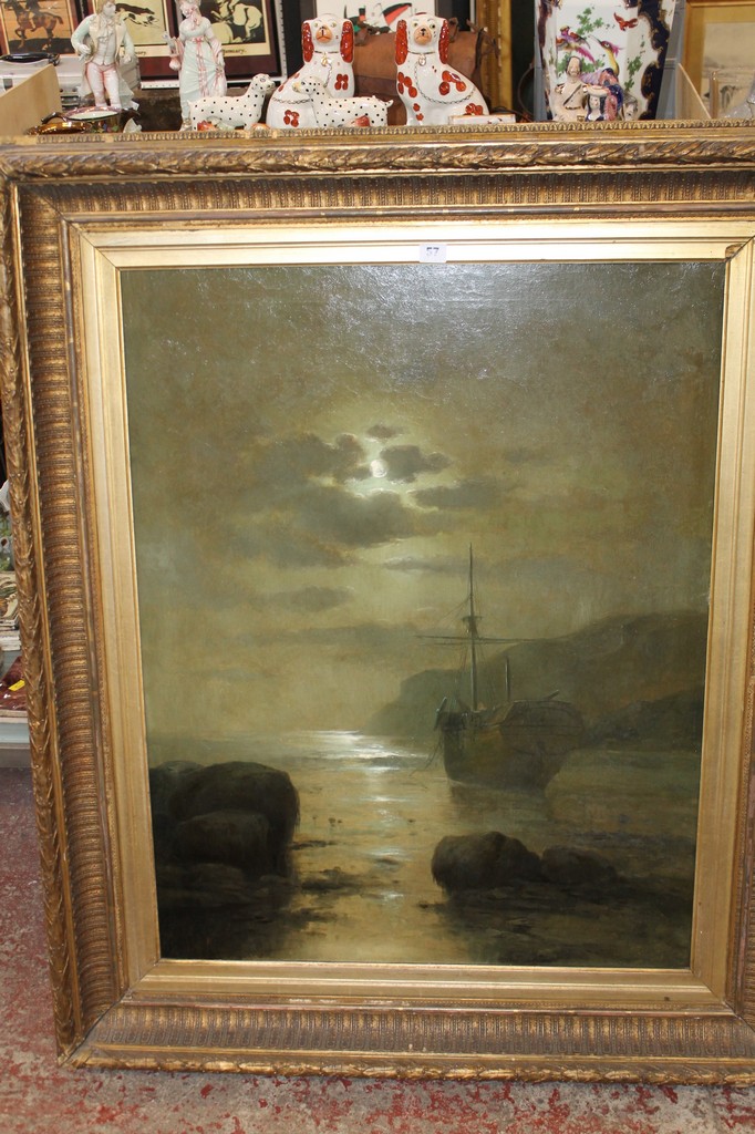 A 19th Century school Beach scene by moonlight Oil on canvas 89 x 69 cm