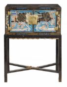 A Chinese late 19th century black lacquered cabinet on stand 115cm high, 85cm wide, 46cm deep