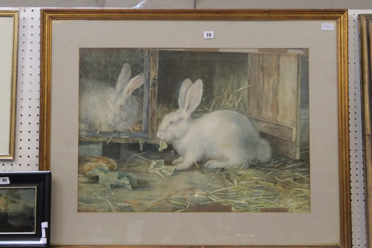 English School (late 19th Century) A pair of rabbits, one in a hutch Watercolour, on wove paper