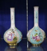 A pair German porcelain bottle vases decorated with fête galante panels set amongst foliate