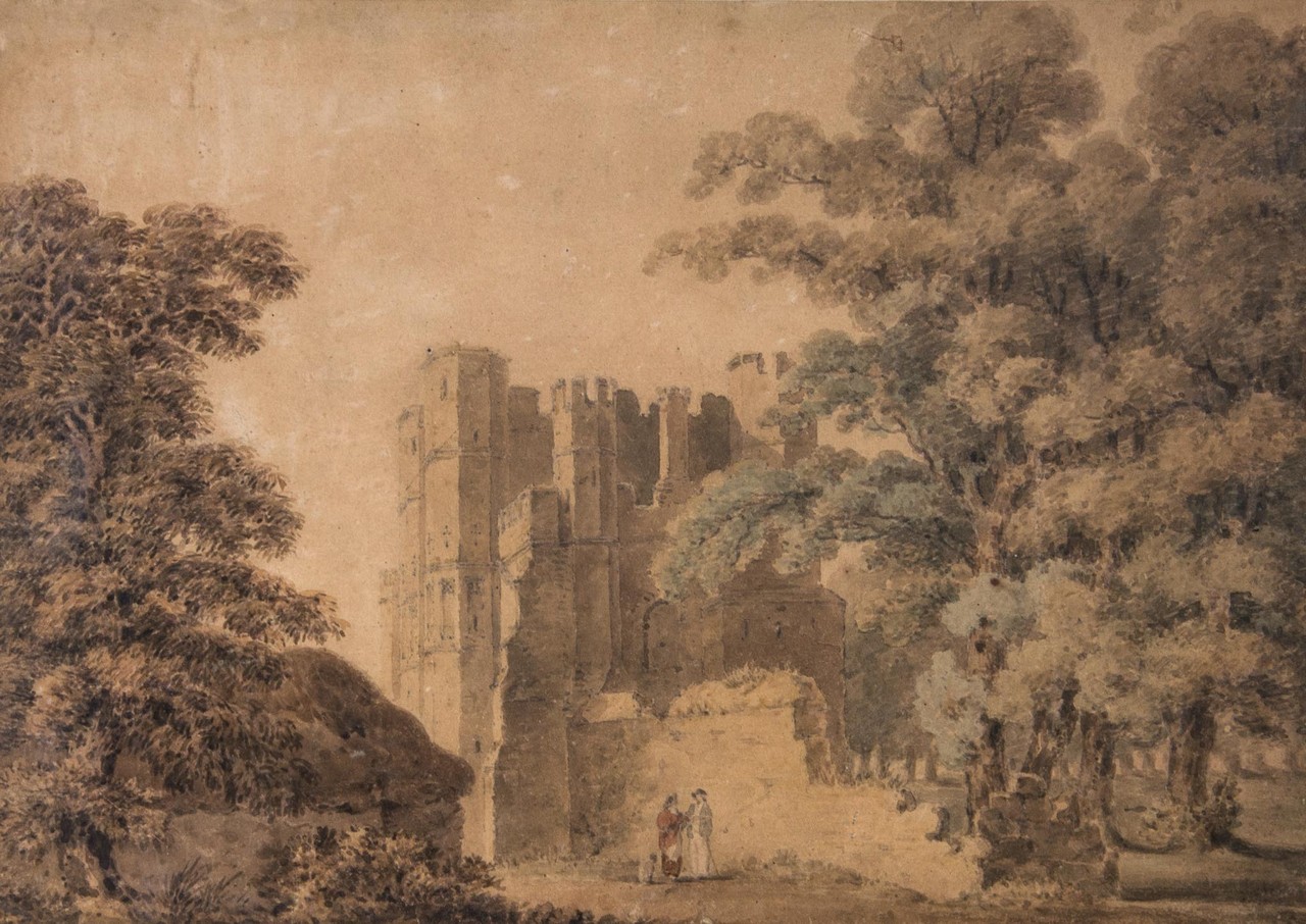 English School (19th century) Landscape with strolling figures and castle beyond, Watercolour over