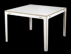 A pair of modern white side tables, 76cm high, 112cm wide, 110cm deep and a matching coffee table,