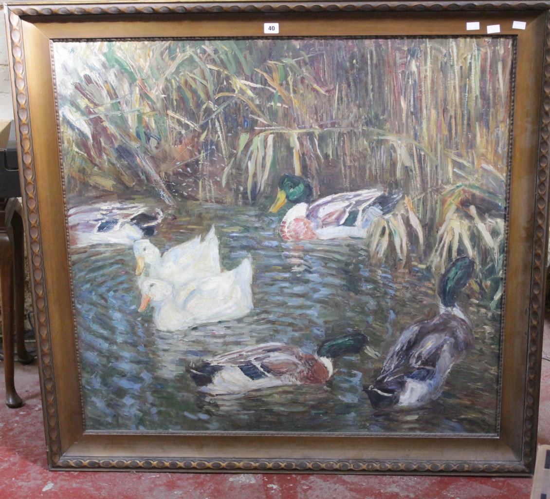 E. Pottner Ducks Oil on canvas Signed and dated 1912 Folded over to fit frame 98 x 102 cm