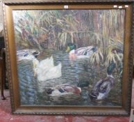 E. Pottner Ducks Oil on canvas Signed and dated 1912 Folded over to fit frame 98 x 102 cm