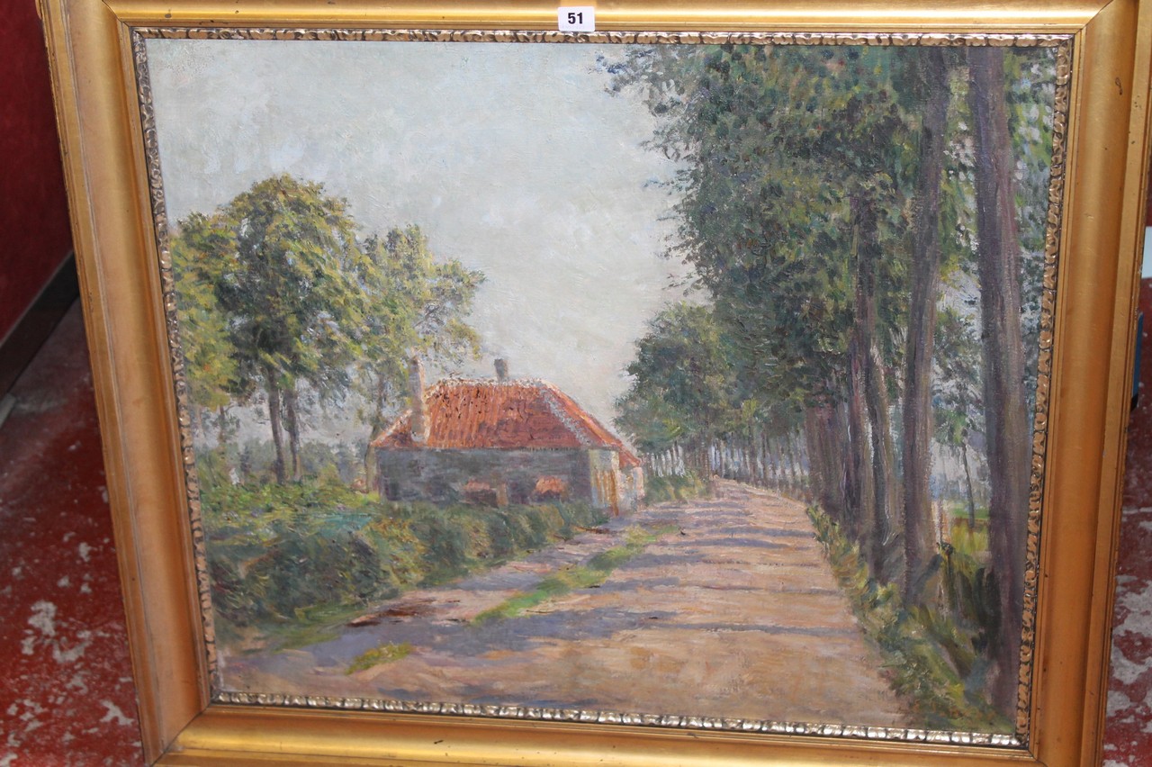 E. Pottner Wooded path with cottage Oil on canvas Signed lower right 68 x 78 cm