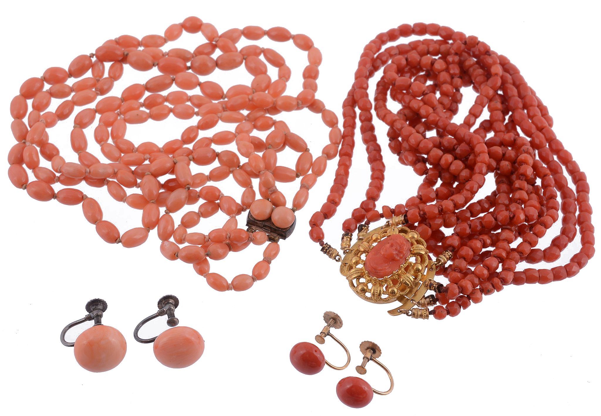 A coral multi strand bead necklace, composed of four strands with faceted...  A coral multi strand