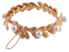 A cultured pearl bracelet, the textured leaf like links with cultured pearl...  A cultured pearl