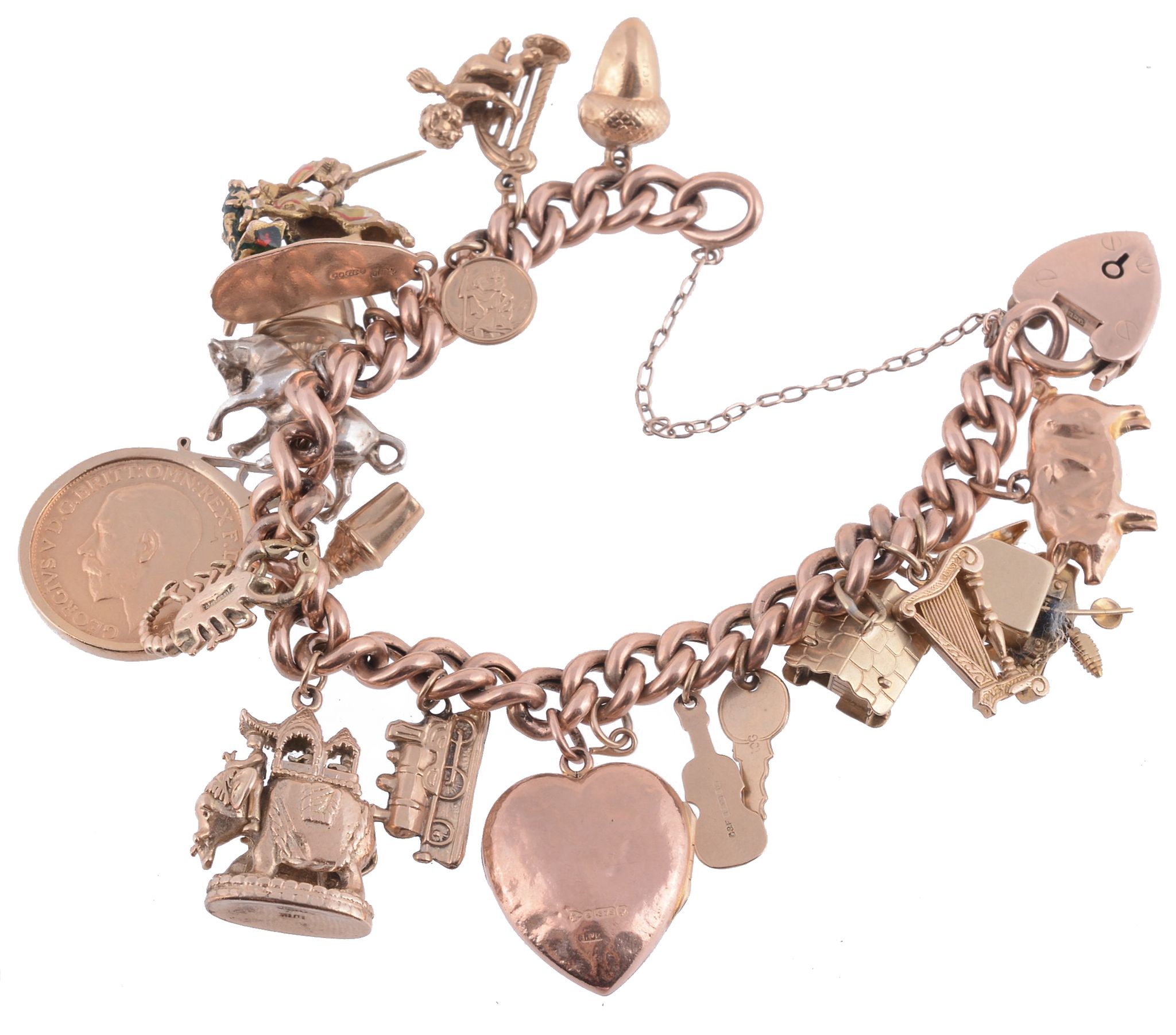 A curb link charm bracelet , the hollow bracelet suspending various charms...  A curb link charm