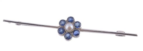 A sapphire and half pearl cluster bar brooch  A sapphire and half pearl cluster bar brooch,   the