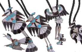 A Native American Zuni thunderbird bolo tie, inlaid with turquoise  A Native American Zuni