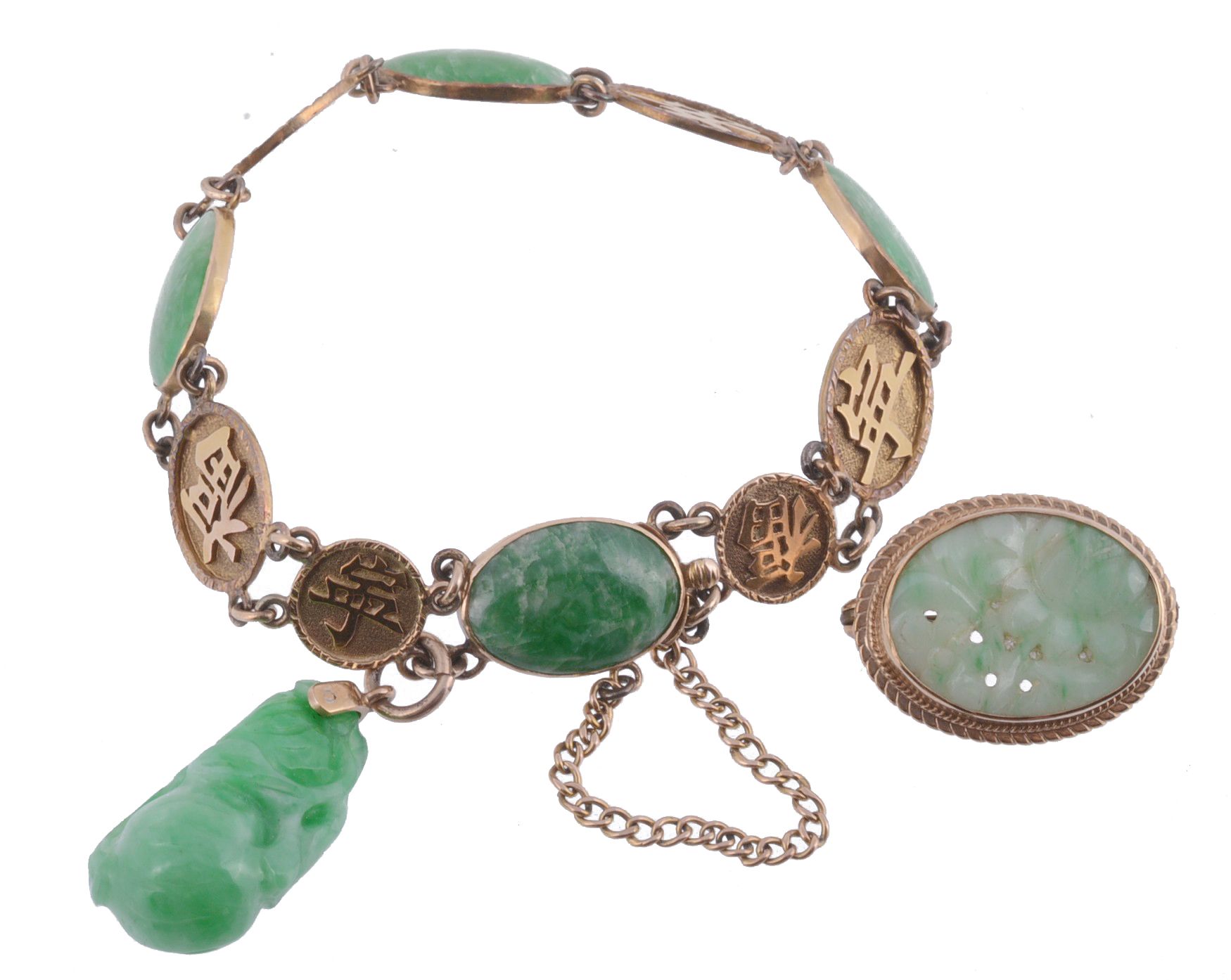 A jadeite bracelet, composed of oval links set with oval cabochon jadeite...  A jadeite