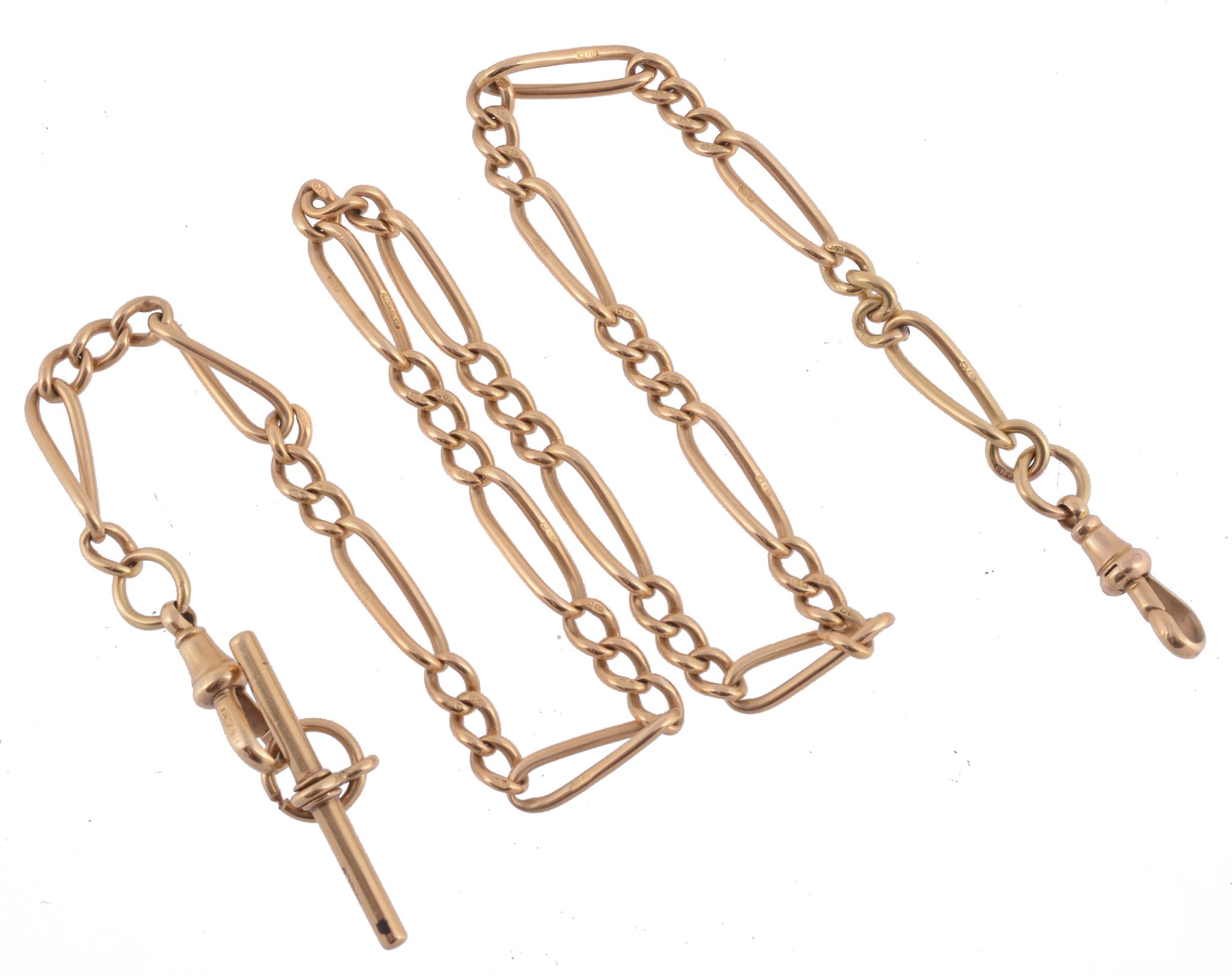 An 18 carat gold figaro link Albert chain, with an unattached sliding T-bar  An 18 carat gold figaro