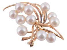 Mikimoto, a cultured pearl brooch, the polished pierced leaf design with...  Mikimoto, a cultured