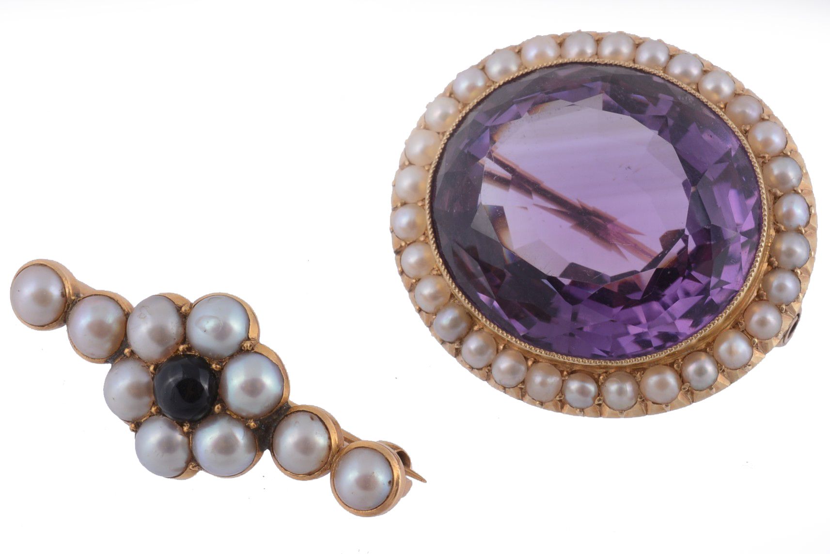 A late Victorian gold, amethyst and half pearl cluster brooch , circa 1880  A late Victorian gold,