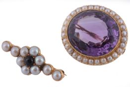 A late Victorian gold, amethyst and half pearl cluster brooch , circa 1880  A late Victorian gold,