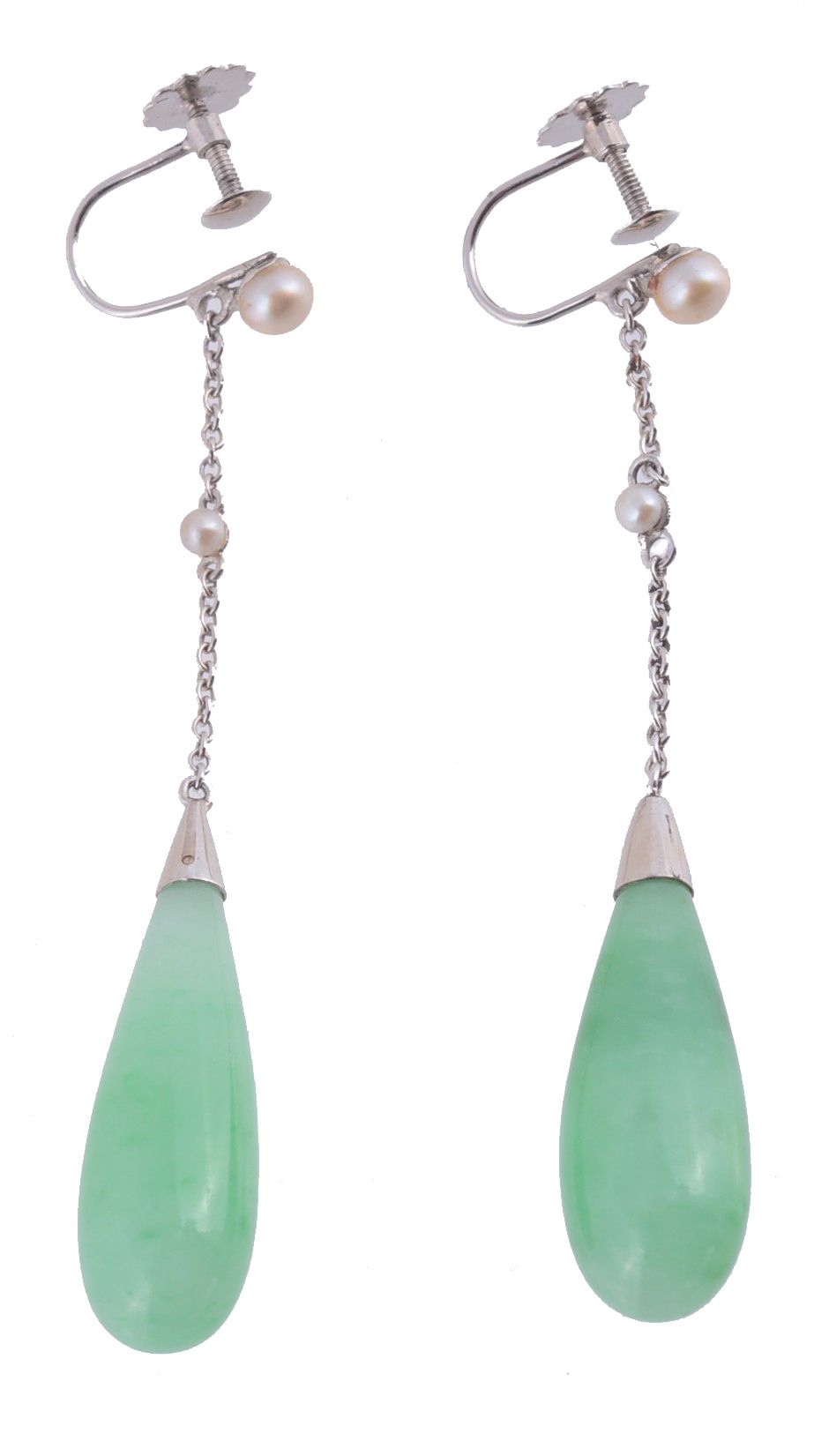 A pair of jadeite ear pendents, the polished jadeite drops suspended from a...  A pair of jadeite