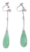 A pair of jadeite ear pendents, the polished jadeite drops suspended from a...  A pair of jadeite