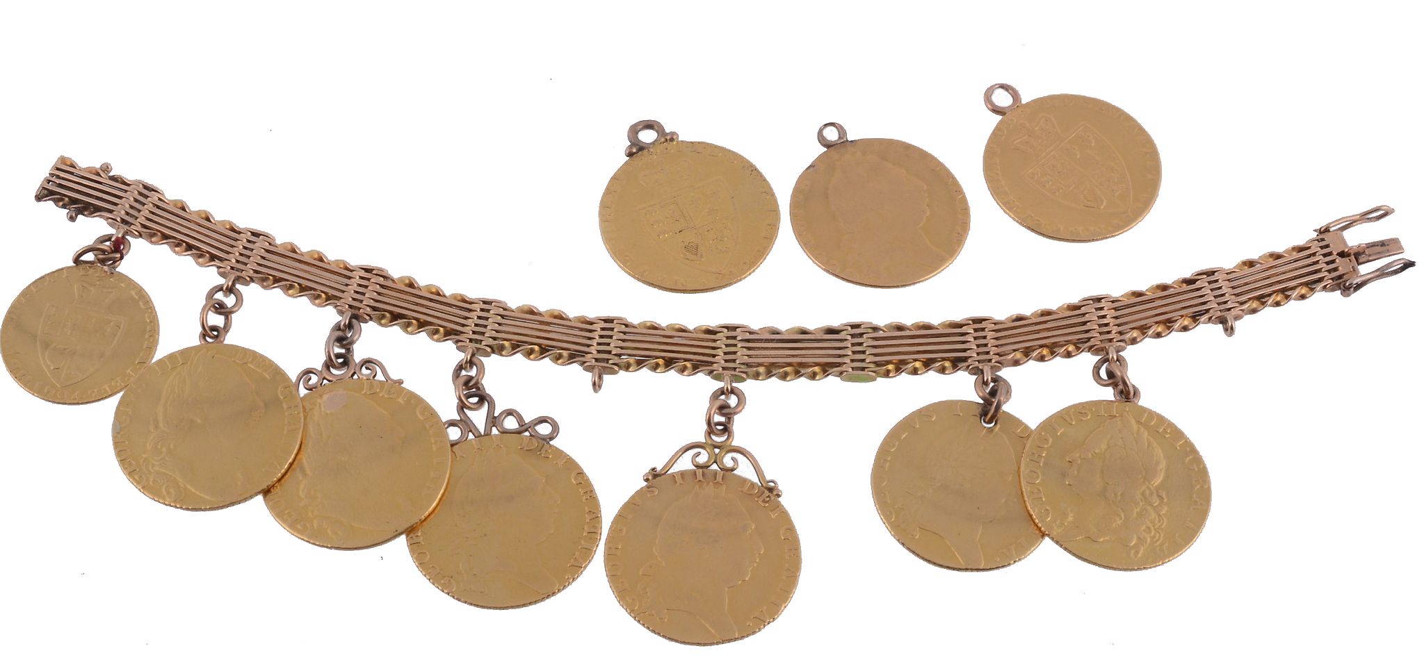 A gold gate link bracelet suspending gold coins  A gold gate link bracelet suspending gold