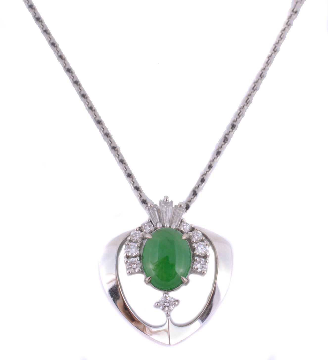 A diamond and jadeite pendant, the oval cabochon jadeite panel with a...  A diamond and jadeite