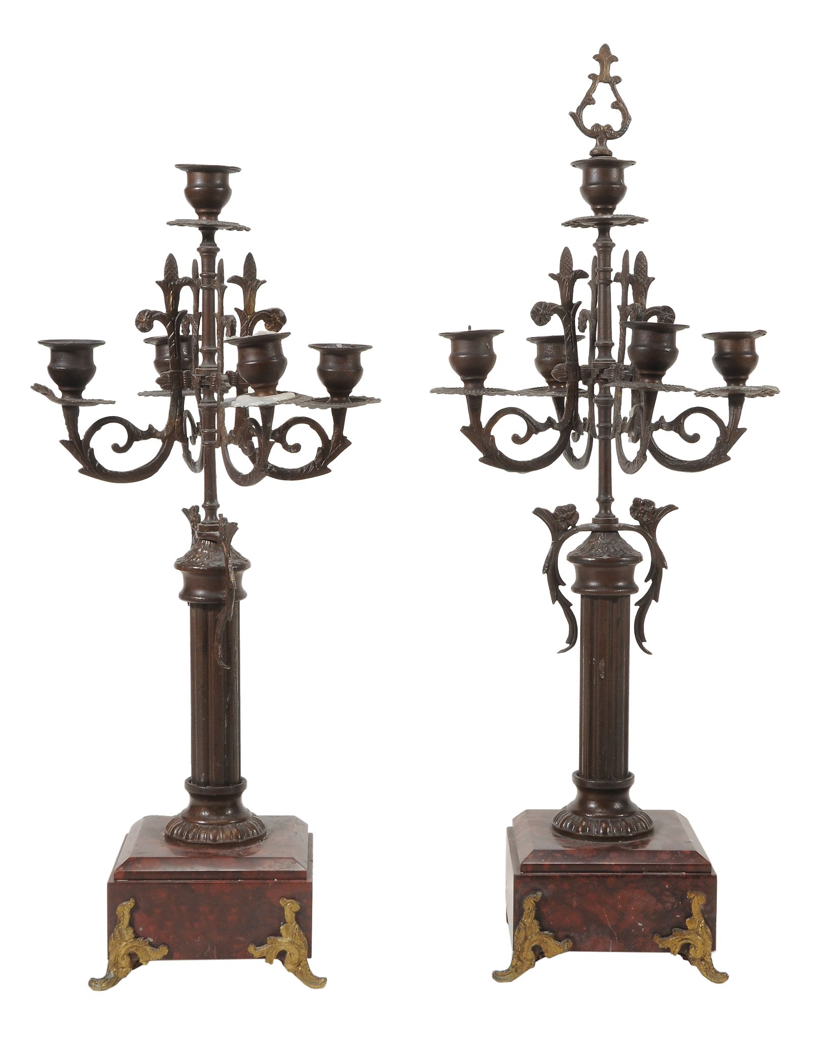A pair of metal and marble mounted five light candelabra, late 19th century  A pair of metal and