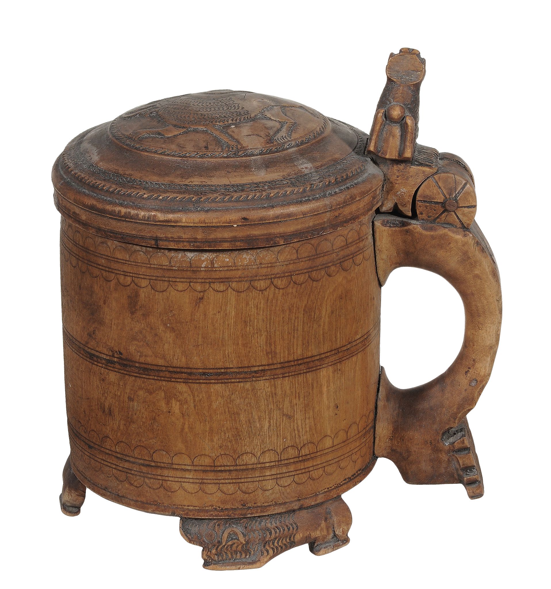 A Scandinavian carved and stained birch peg tankard, 18th century  A Scandinavian carved and