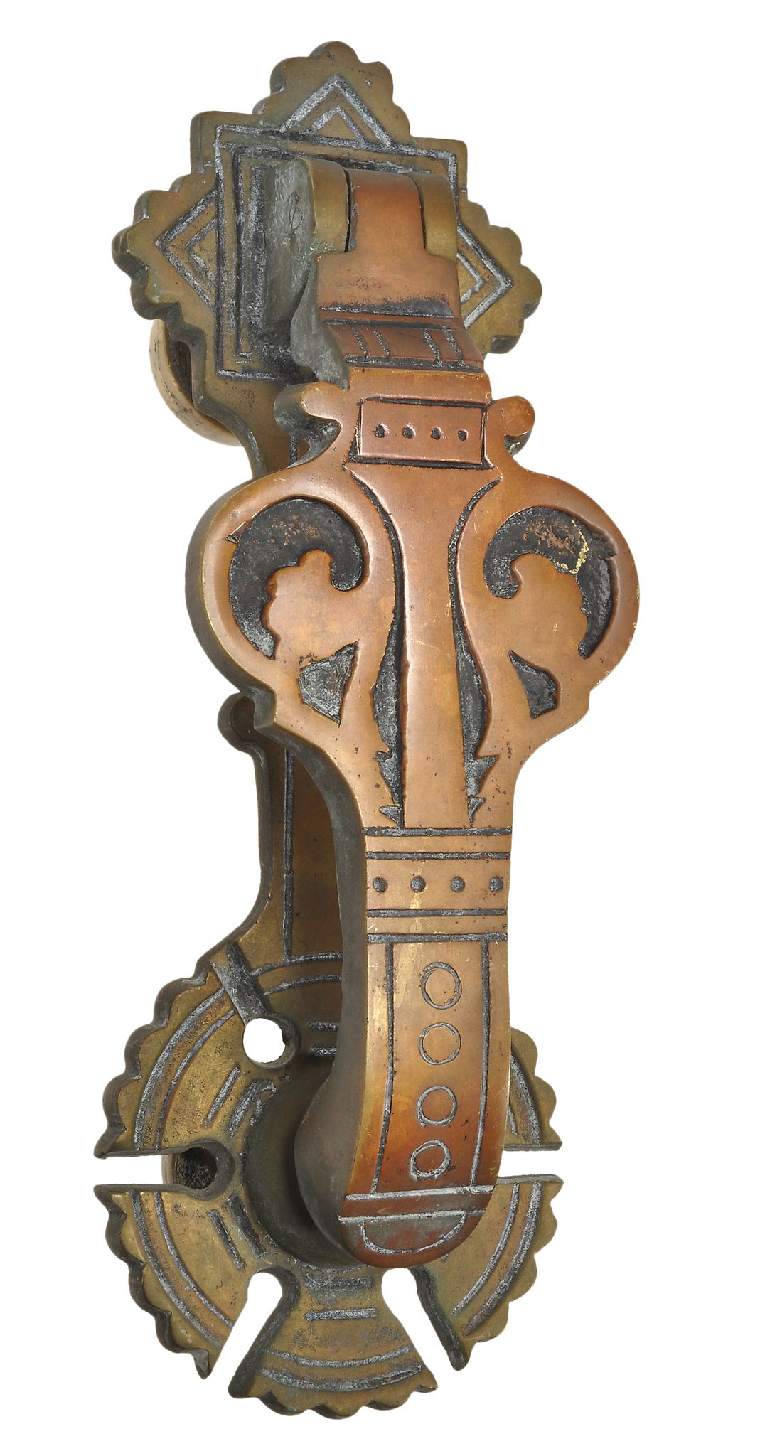 An Aesthetic Movement brass door knocker, designed by Dr  An Aesthetic Movement brass door knocker,