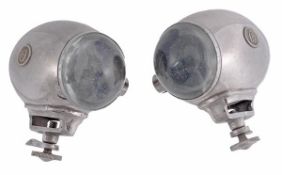 A fine pair of vintage motor car side lamps, with C.A.V. ?bulls-eye? lens, nickel plated scuttle