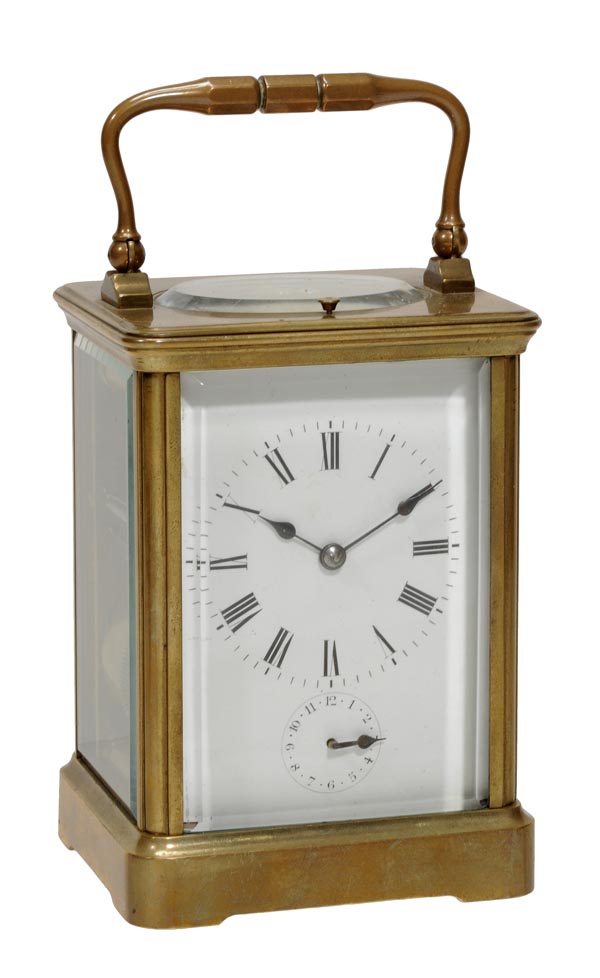 A French brass grande sonnerie striking carriage clock with push-button repeat and alarm, Unsigned,