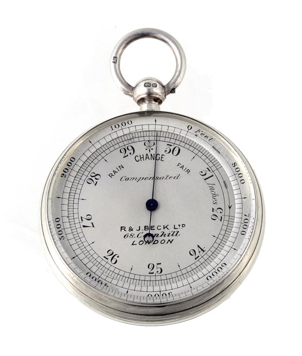 A Victorian silver cased aneroid pocket barometer with altimeter scale, R. and J. Beck Limited,