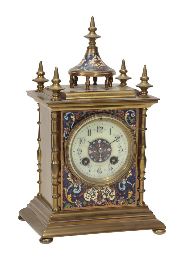 A French brass and champleve enamelled mantel clock, The movement by S. Marti and Cie, Paris, late