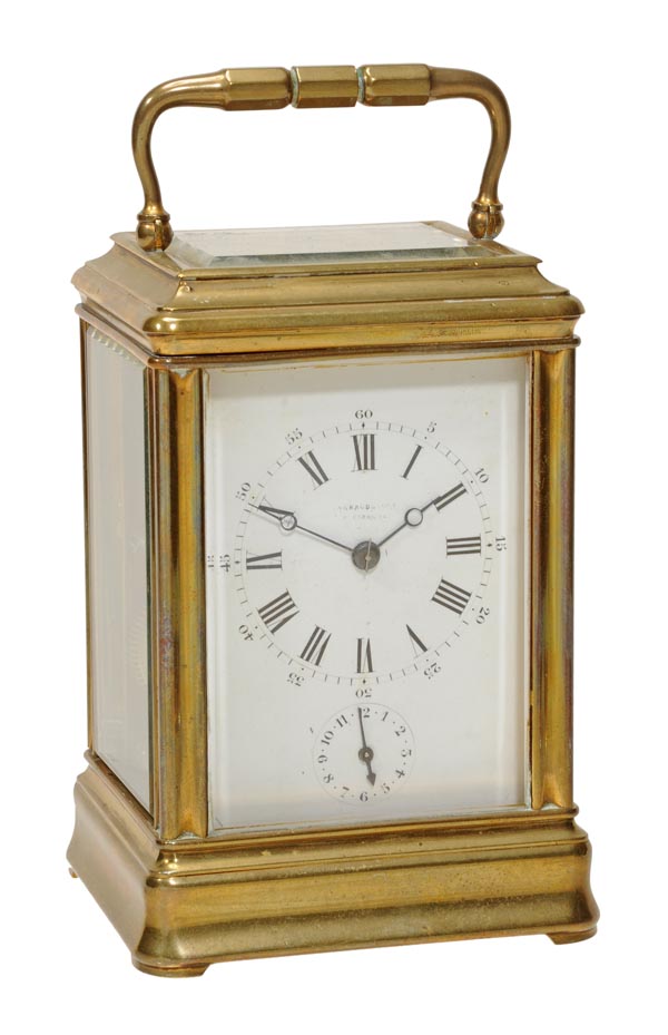 A French brass carriage clock with alarm, Retailed by Barraud and Lund, London, late 19th century,