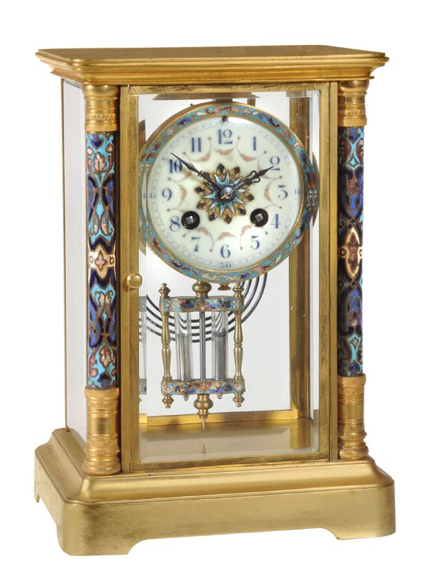 A French gilt brass and champleve enamel four-glass mantel clock, The movement by P. Japy and Cie.,