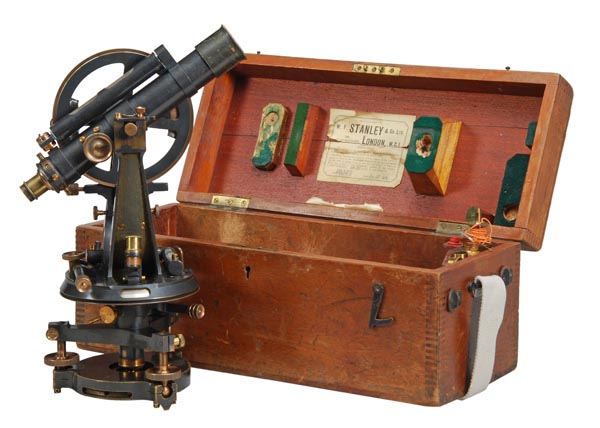 A lacquered and patinated brass transit theodolite, Stanley, London, early 20th century, The
