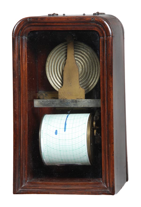 A rare wall mounted mahogany barograph, J. Hicks, London, late 19th century, The large diameter