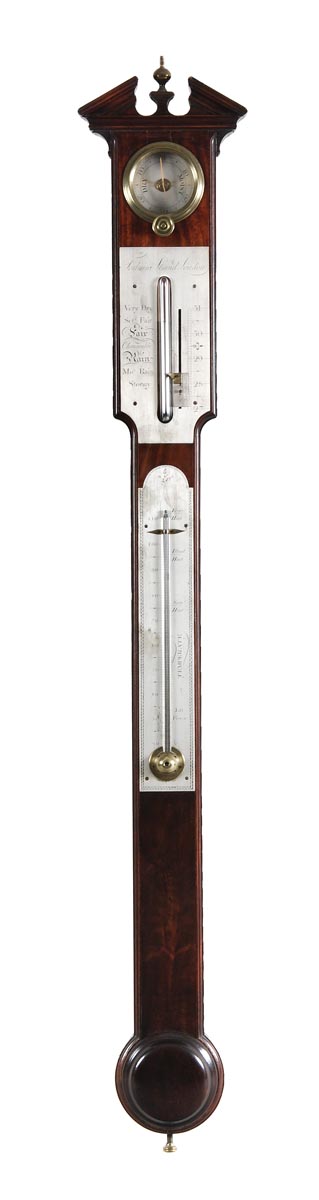 A fine George III mahogany bayonet-tube mercury stick barometer with hygrometer and Fahrenheit