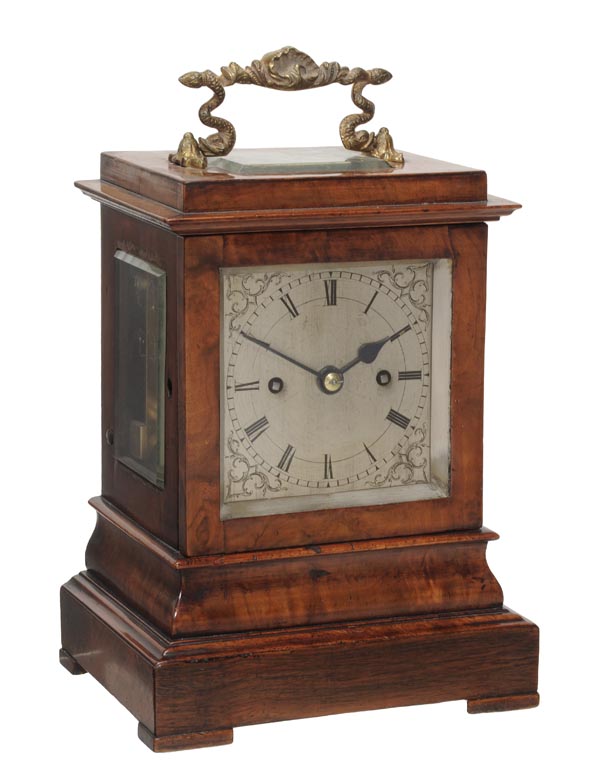 A Victorian walnut four-glass mantel clock, Unsigned, circa 1840, The five pillar twin chain fusee