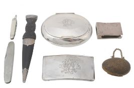 An Edwardian plain oval silver tobacco box, with monogram to lid  An Edwardian plain oval silver