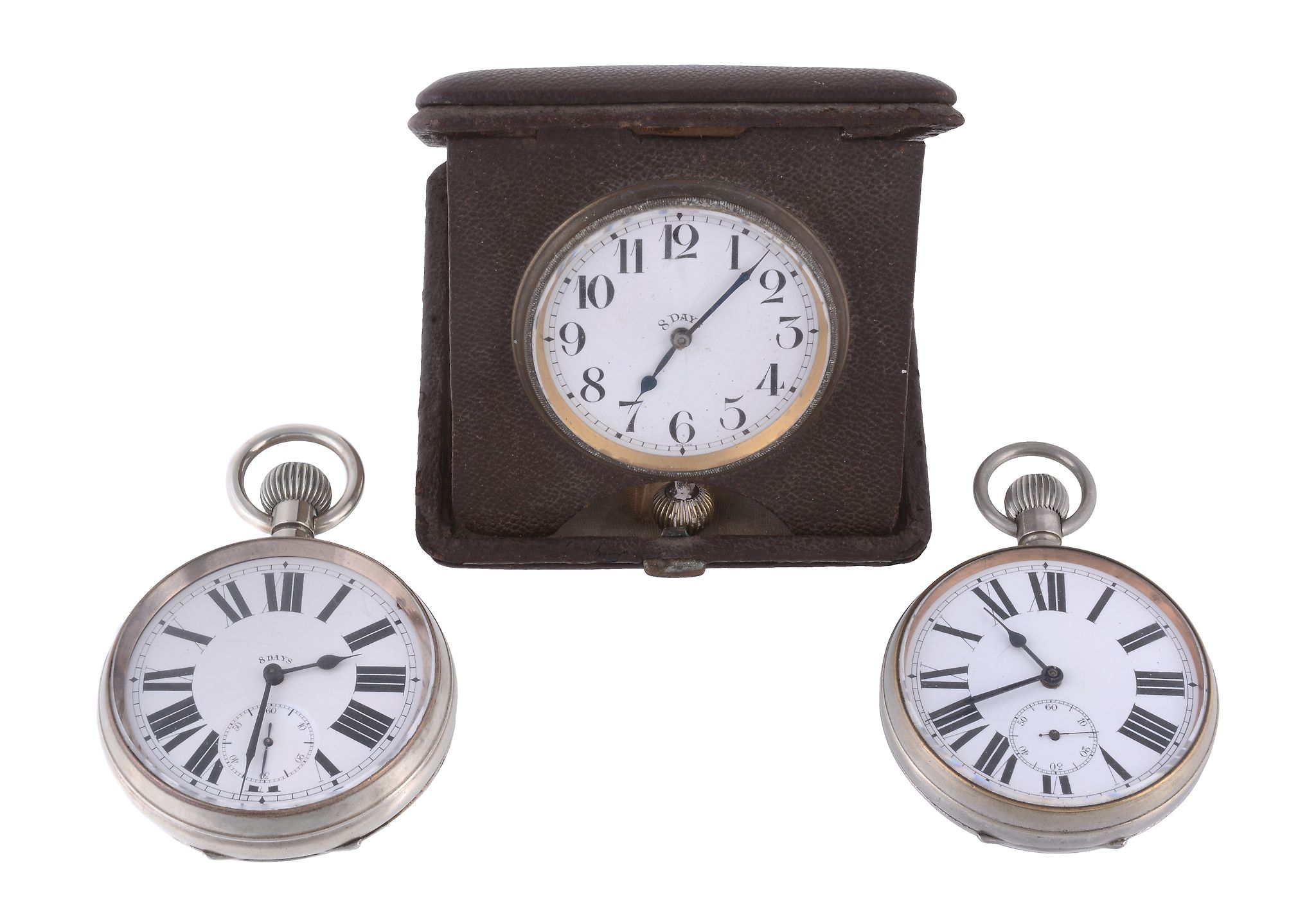 Anon, a leather folding Swiss 8 day travel clock, circa 1920  Anon, a leather folding Swiss 8 day