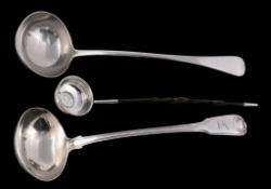 A George III silver fiddle, thread and shell pattern soup ladle by Richard...  A George III silver