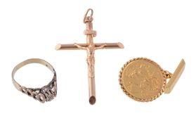 A George V half sovereign, 1912, in a cufflink setting; a cross pendant; and...  A George V half