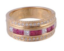 A diamond and synthetic ruby dress ring, the broad band ring with a central...  A diamond and