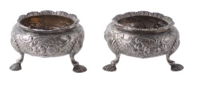A matched pair of Victorian silver cauldron salts by Robert Hennell III  A matched pair of Victorian