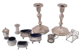 A collection of small silver, comprising: a pair of facetted octagonal...  A collection of small