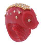 A diamond set plastic fish ring, the curled red plastic fish set with...  A diamond set plastic fish