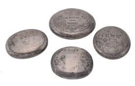 Four silver compression tobacco boxes, comprising an oval by Horace Woodward...  Four silver