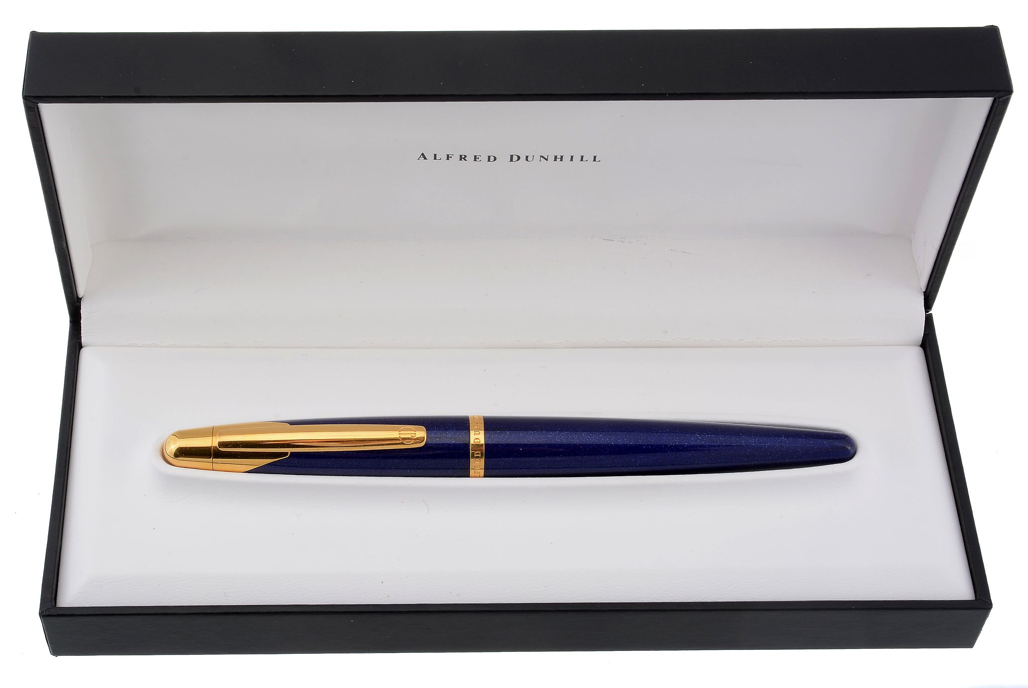 Dunhill, a blue resin fountain pen, the blue resin cap and barrel with gilt...  Dunhill, a blue